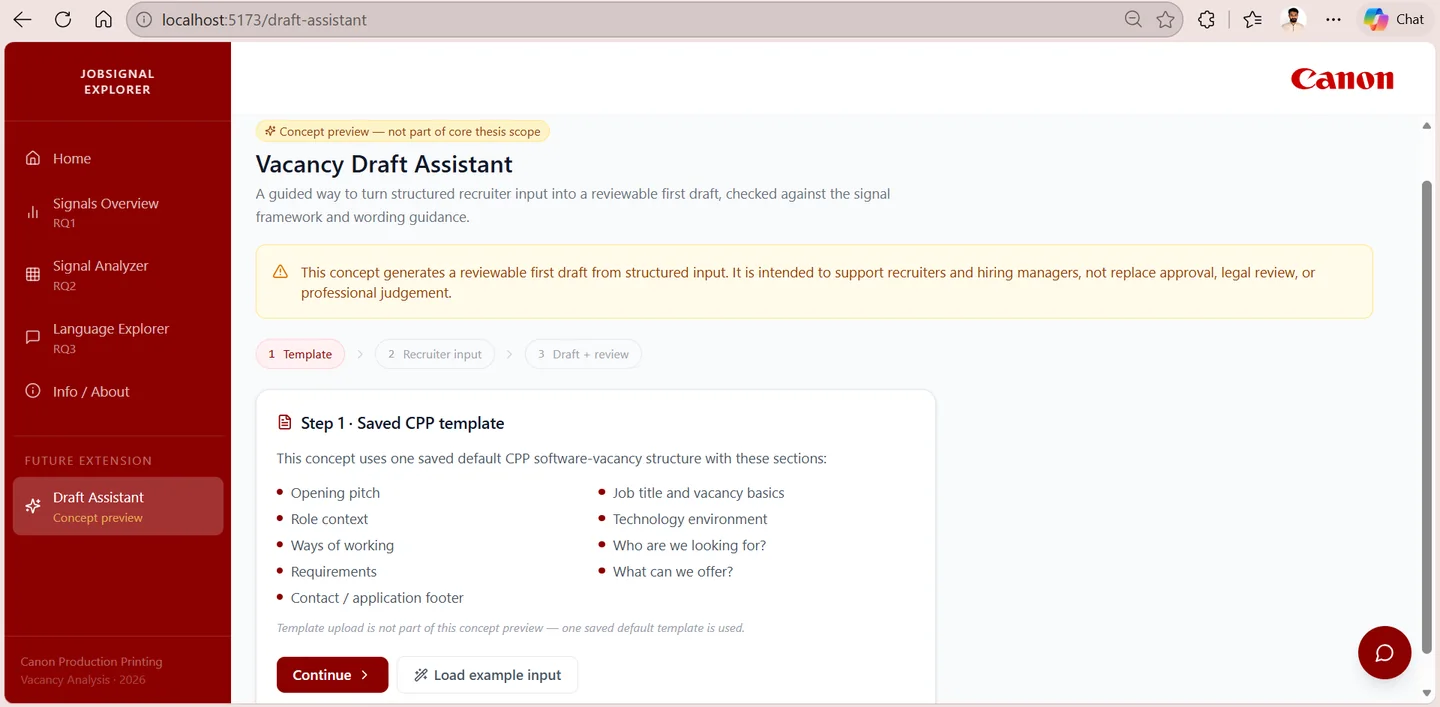Vacancy Draft Assistant concept preview from the JobSignal Explorer project